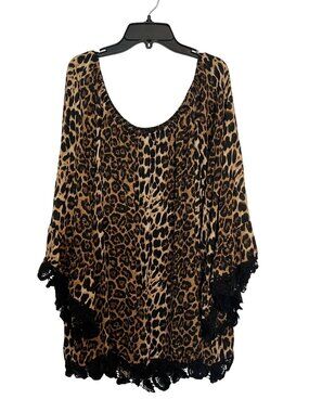 Leopard Print VOLL Womens Top With Lace Hem 3XL Polyester Flowy Design